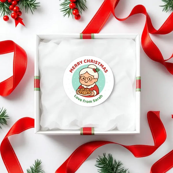 Mrs Claus Christmas Stickers – Personalised Name Label - Sticksy Prints Australia