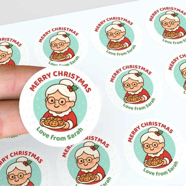 Mrs Claus Christmas Stickers – Personalised Name Label - Sticksy Prints Australia