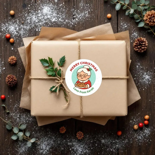 Mrs Claus Christmas Stickers – Personalised Name Label - Sticksy Prints Australia