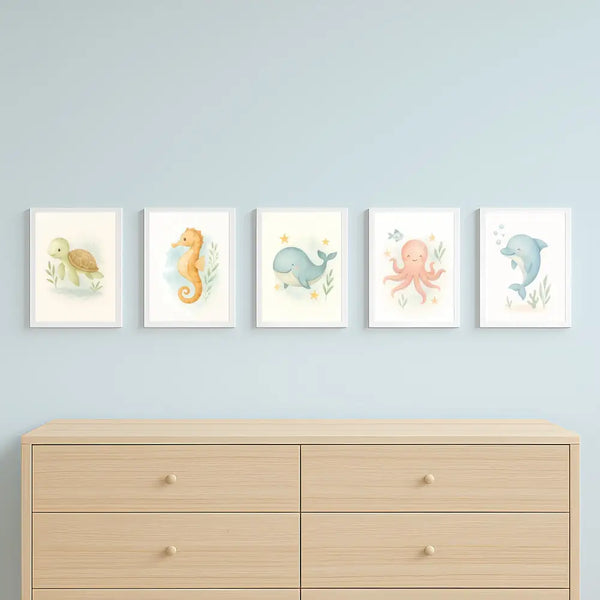 Ocean Nursery Wall Art Set – Whale Dolphin Octopus Seahorse & Turtle | PDF Printable Digital Download