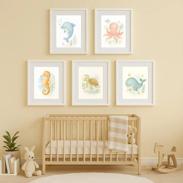 Ocean Nursery Wall Art Set – Whale Dolphin Octopus Seahorse & Turtle | PDF Printable Digital Download