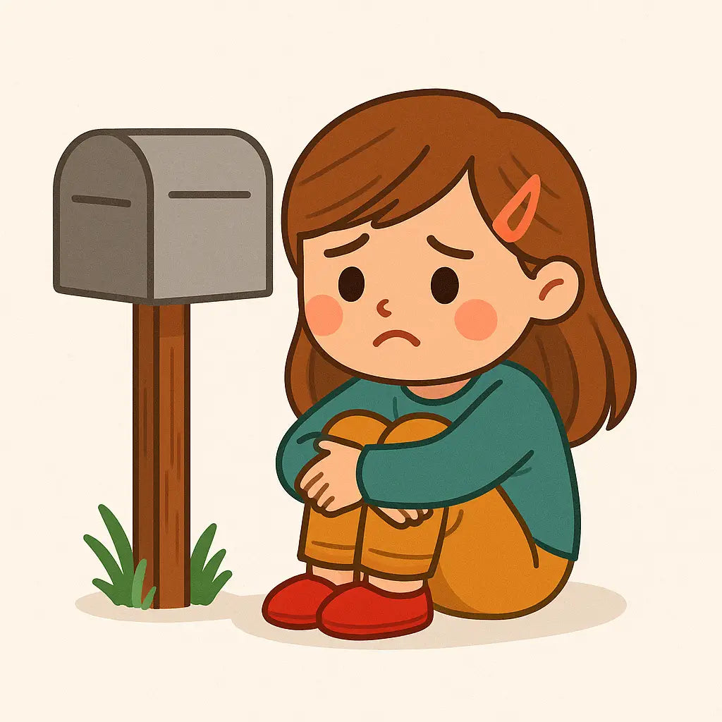 Sad child waiting for stickers by the mailbox illustration