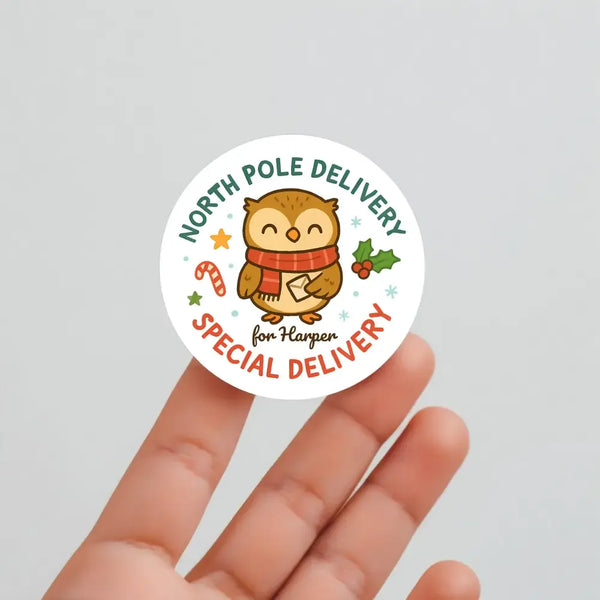Owl Personalised Christmas Stickers – North Pole Delivery Label - Sticksy Prints Australia