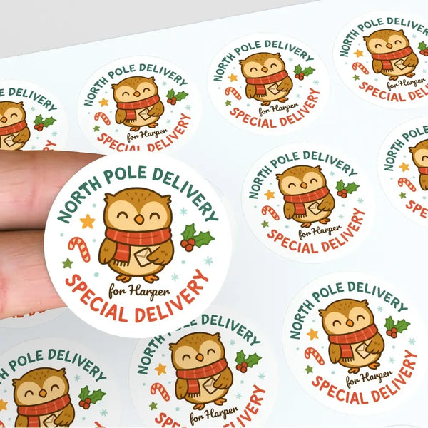 Owl Personalised Christmas Stickers – North Pole Delivery Label - Sticksy Prints Australia