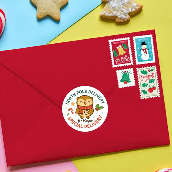 Owl Personalised Christmas Stickers – North Pole Delivery Label - Sticksy Prints Australia