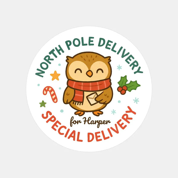 Owl Personalised Christmas Stickers – North Pole Delivery Label - Sticksy Prints Australia