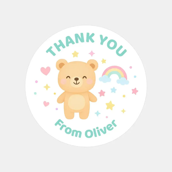 Pastel Bear Thank You Stickers – Custom Name Kids Birthday Party Favour Labels - Sticksy Prints Australia