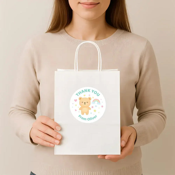 Pastel Bear Thank You Stickers – Custom Name Kids Birthday Party Favour Labels - Sticksy Prints Australia