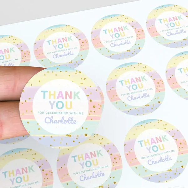 Pastel Brushstroke Thank You Stickers – Custom Name Kids Birthday Party Favour Labels - Sticksy Prints Australia