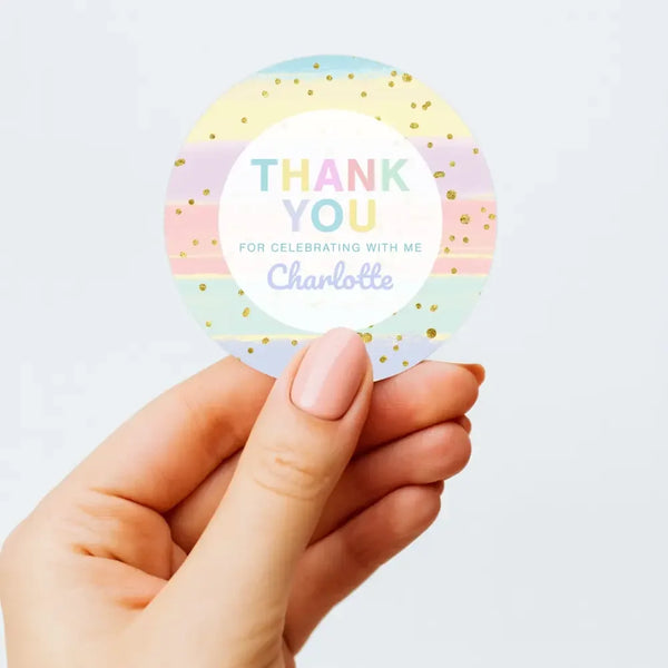 Pastel Brushstroke Thank You Stickers – Custom Name Kids Birthday Party Favour Labels - Sticksy Prints Australia