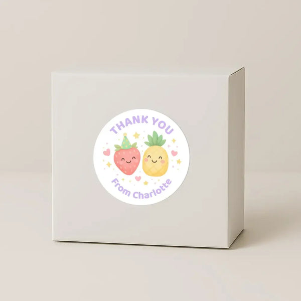 Pastel Fruit Thank You Stickers – Set of 4 Designs – Custom Name Kids Birthday Party Favour Labels - Sticksy Prints Australia