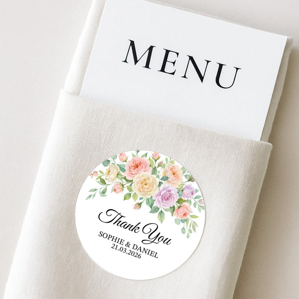 Pastel Garden Rose Wedding Thank You Stickers | Personalised Floral Favour Labels