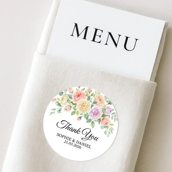 Pastel Garden Rose Wedding Thank You Stickers | Personalised Floral Favour Labels - Sticksy Prints Australia
