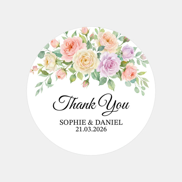 Pastel Garden Rose Wedding Thank You Stickers | Personalised Floral Favour Labels