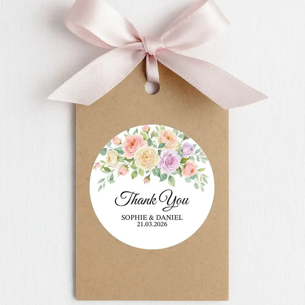 Pastel Garden Rose Wedding Thank You Stickers | Personalised Floral Favour Labels - Sticksy Prints Australia
