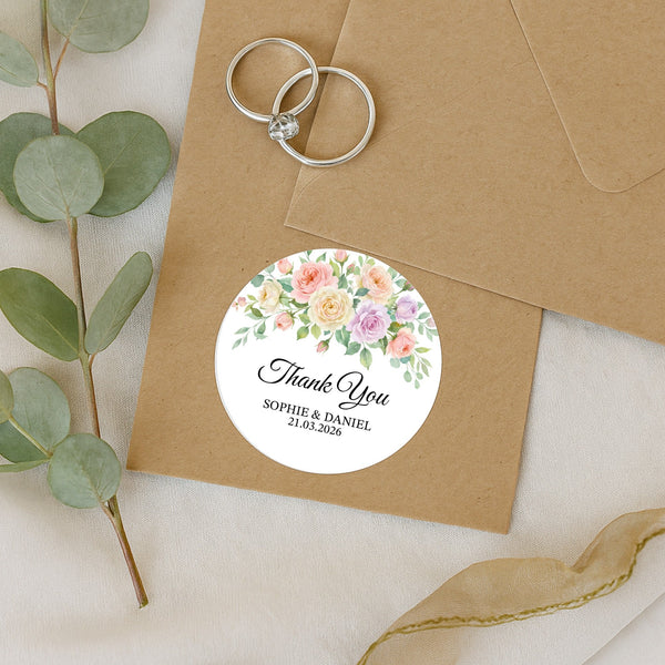 Pastel Garden Rose Wedding Thank You Stickers | Personalised Floral Favour Labels