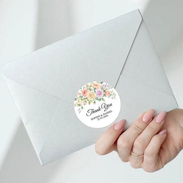 Pastel Garden Rose Wedding Thank You Stickers | Personalised Floral Favour Labels - Sticksy Prints Australia