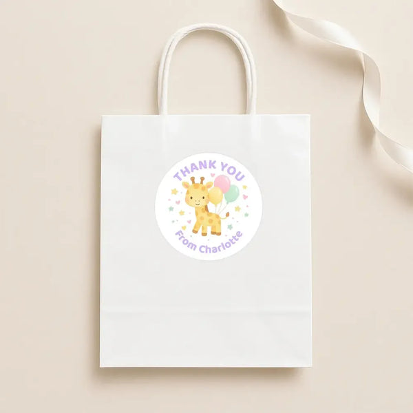 Pastel Giraffe Thank You Stickers – Custom Name Kids Birthday Party Favour Labels - Sticksy Prints Australia