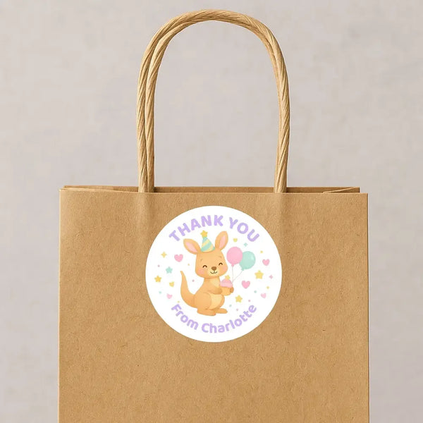 Pastel Kangaroo Thank You Stickers – Custom Name Kids Birthday Party Favour Labels - Sticksy Prints Australia