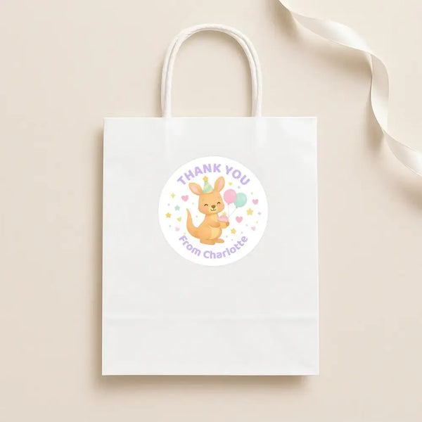 Pastel Kangaroo Thank You Stickers – Custom Name Kids Birthday Party Favour Labels - Sticksy Prints Australia