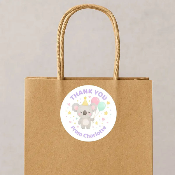 Pastel Koala Thank You Stickers – Custom Name Kids Birthday Party Favour Labels - Sticksy Prints Australia