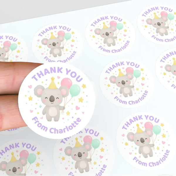 Pastel Koala Thank You Stickers – Custom Name Kids Birthday Party Favour Labels - Sticksy Prints Australia