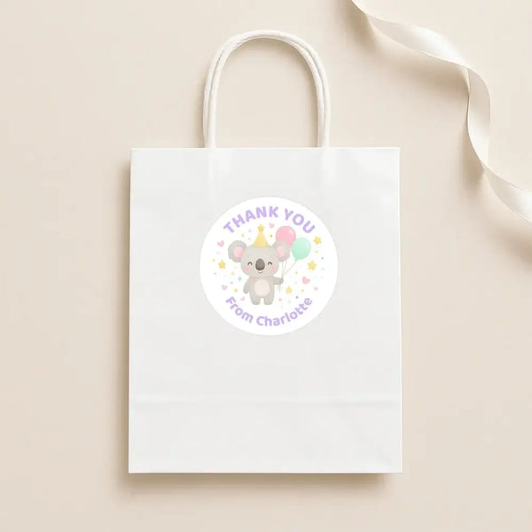 Pastel Koala Thank You Stickers – Custom Name Kids Birthday Party Favour Labels - Sticksy Prints Australia