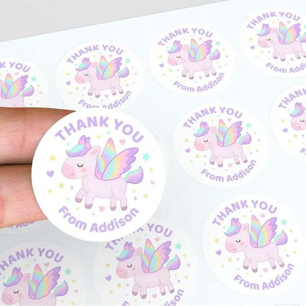 Pastel Pegasus Thank You Stickers – Custom Name Kids Birthday Party Favour Labels - Sticksy Prints Australia