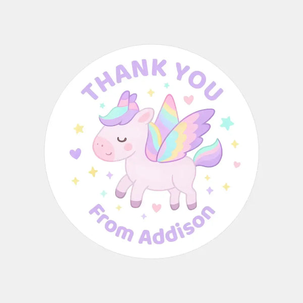Pastel Pegasus Thank You Stickers – Custom Name Kids Birthday Party Favour Labels - Sticksy Prints Australia