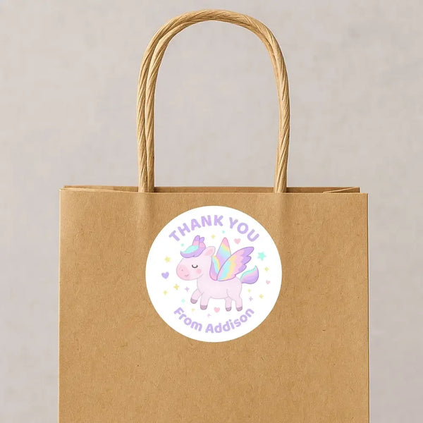 Pastel Pegasus Thank You Stickers – Custom Name Kids Birthday Party Favour Labels - Sticksy Prints Australia