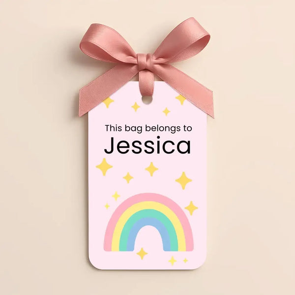 Pastel Rainbow Kids Bag Tags Printable Personalised Name Tags A4 Canva Template - Sticksy Prints Australia
