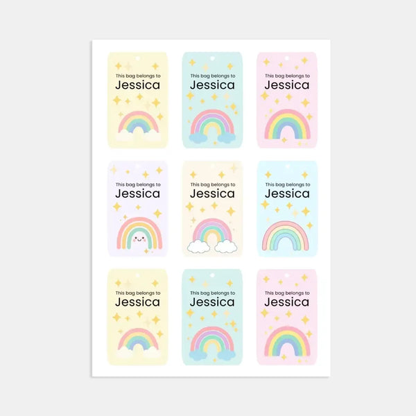 Pastel Rainbow Kids Bag Tags Printable Personalised Name Tags A4 Canva Template - Sticksy Prints Australia