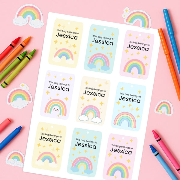 Pastel Rainbow Kids Bag Tags Printable Personalised Name Tags A4 Canva Template
