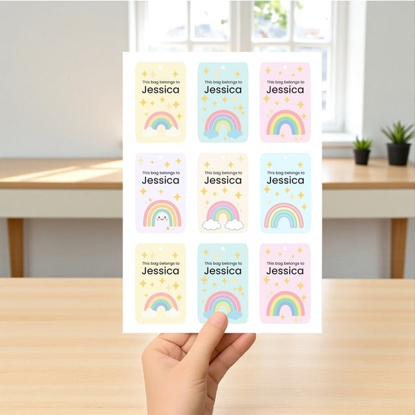 Pastel Rainbow Kids Bag Tags Printable Personalised Name Tags A4 Canva Template