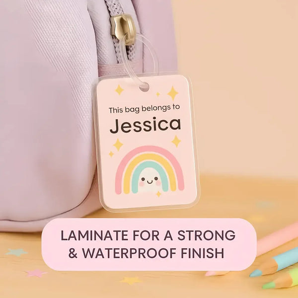 Pastel Rainbow Kids Bag Tags Printable Personalised Name Tags A4 Canva Template - Sticksy Prints Australia
