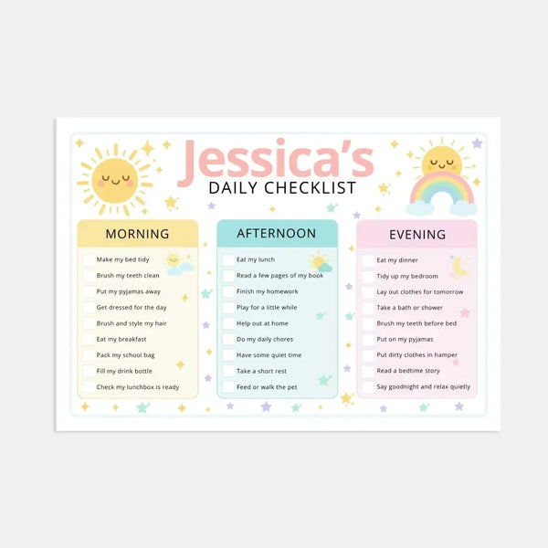 Pastel Rainbow Kids Daily Checklist – Editable Name & Tasks | Canva Template (A4, A3 & US Letter) - Sticksy Prints Australia