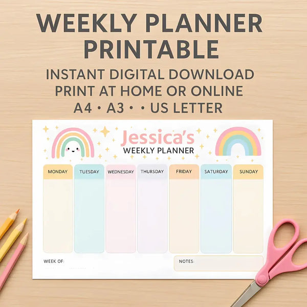 Pastel Rainbow Kids Weekly Planner – Editable Name & Title (A4, A3 & US Letter) - Sticksy Prints Australia