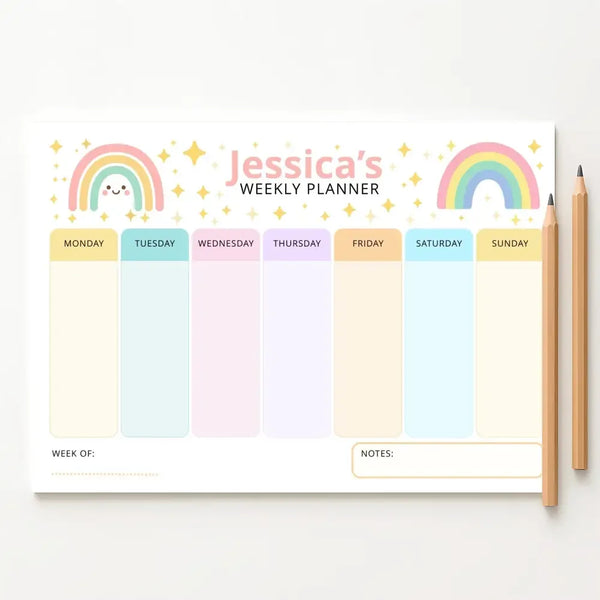 Pastel Rainbow Kids Weekly Planner – Editable Name & Title (A4, A3 & US Letter) - Sticksy Prints Australia