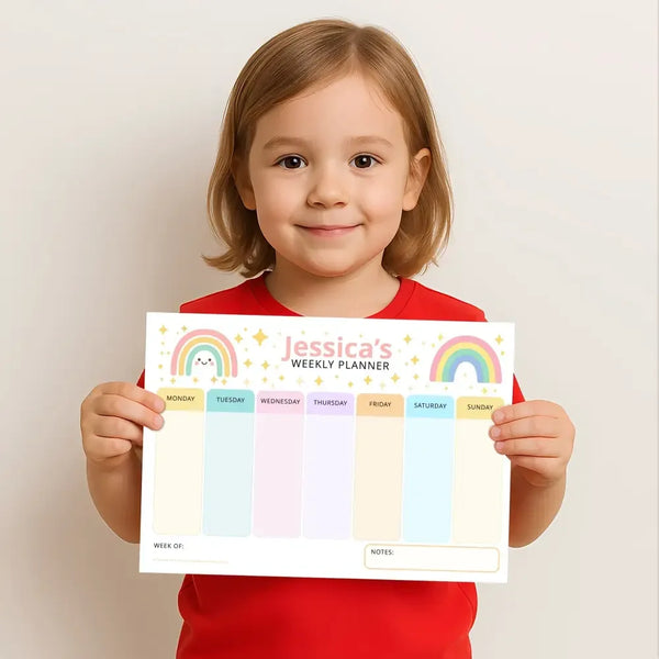 Pastel Rainbow Kids Weekly Planner – Editable Name & Title (A4, A3 & US Letter) - Sticksy Prints Australia