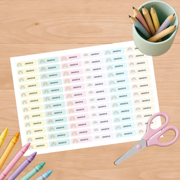 Pastel Rainbow Pencil Label Template – Editable Slim Name Labels (Canva Printable) - Sticksy Prints Australia