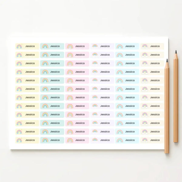 Pastel Rainbow Pencil Label Template – Editable Slim Name Labels (Canva Printable) - Sticksy Prints Australia