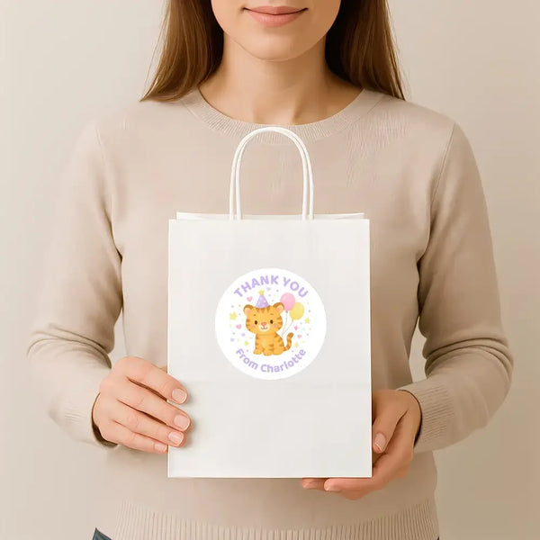 Pastel Tiger Thank You Stickers – Custom Name Kids Birthday Party Favour Labels - Sticksy Prints Australia