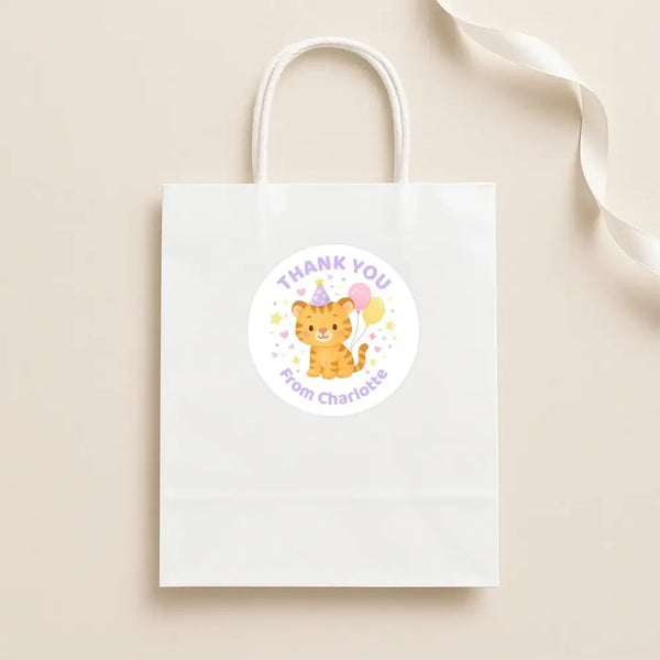 Pastel Tiger Thank You Stickers – Custom Name Kids Birthday Party Favour Labels - Sticksy Prints Australia