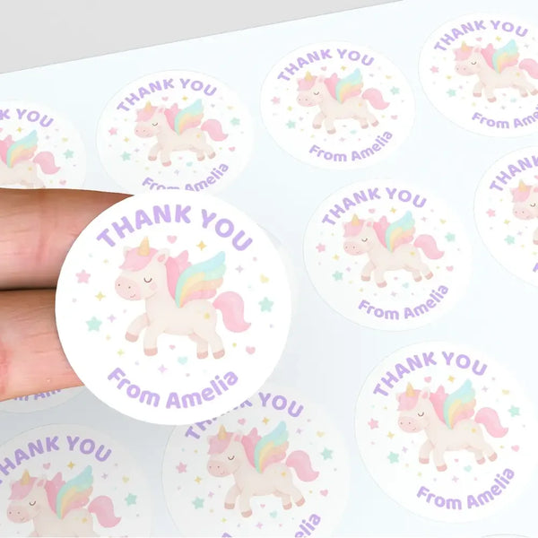 Pastel Unicorn Thank You Stickers – Custom Name Kids Birthday Party Favour Labels - Sticksy Prints Australia