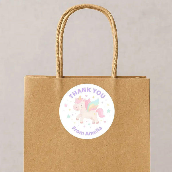 Pastel Unicorn Thank You Stickers – Custom Name Kids Birthday Party Favour Labels - Sticksy Prints Australia