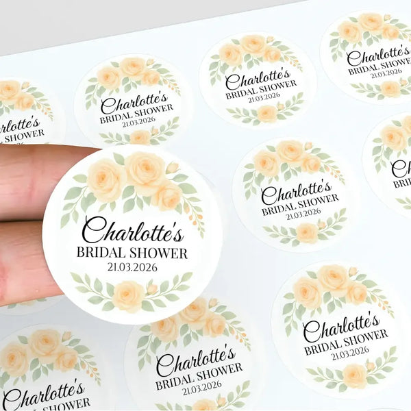 Personalised Apricot Rose Bridal Shower Stickers – Custom Name & Date Favour Labels – Peach Watercolour Floral Stickers - Sticksy Prints Australia