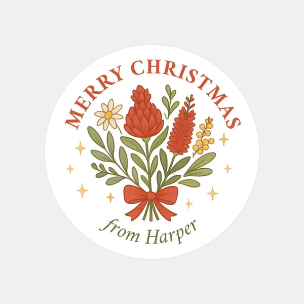 Personalised Australian Floral Christmas Sticker – Merry Christmas Gift Labels - Sticksy Prints Australia