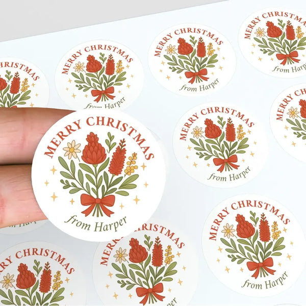 Personalised Australian Floral Christmas Sticker – Merry Christmas Gift Labels - Sticksy Prints Australia