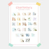Personalised Baby Alphabet Chart – Soft Watercolour Nursery Print | A–Z Animal Wall Art | A4, A3 & US Letter Sizes - Sticksy Prints Australia