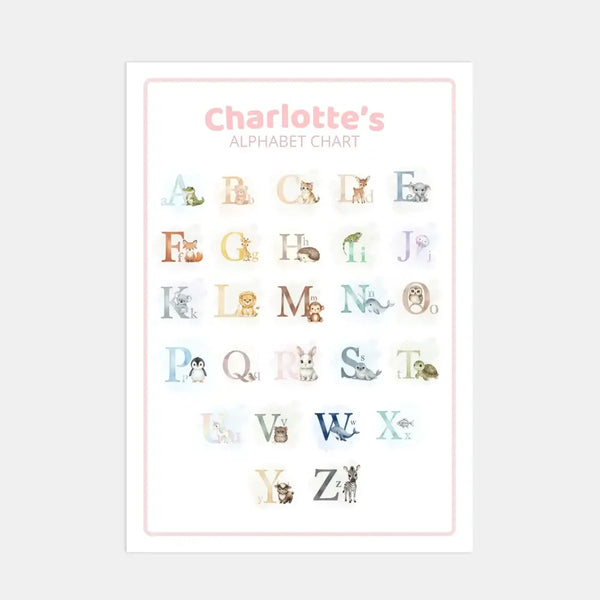 Personalised Baby Alphabet Chart – Soft Watercolour Nursery Print | A–Z Animal Wall Art | A4, A3 & US Letter Sizes - Sticksy Prints Australia